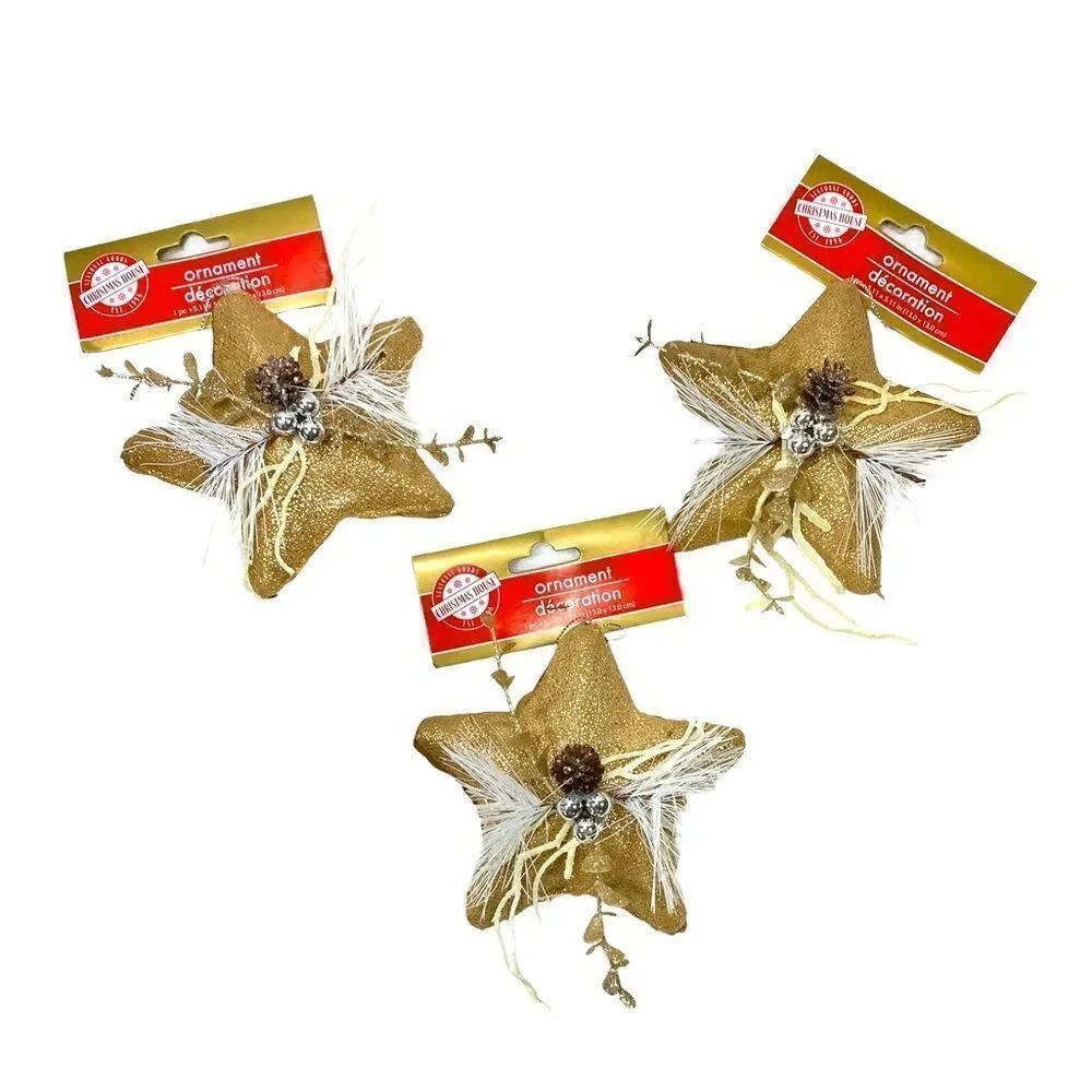 NWT Three Elegant Gold Star Christmas Holiday Ornaments Feathers and Glitter